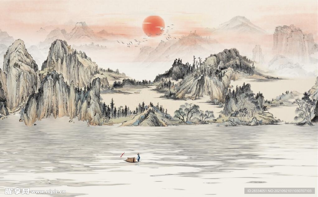 仿古青绿山水国画电视背景墙