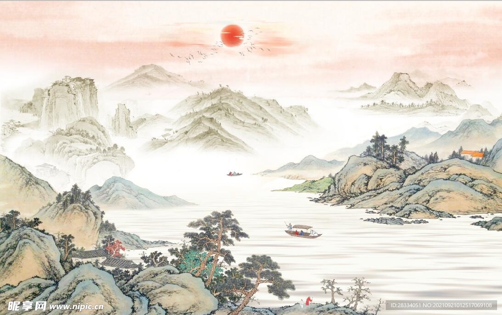 中式青绿山水国画电视背景墙