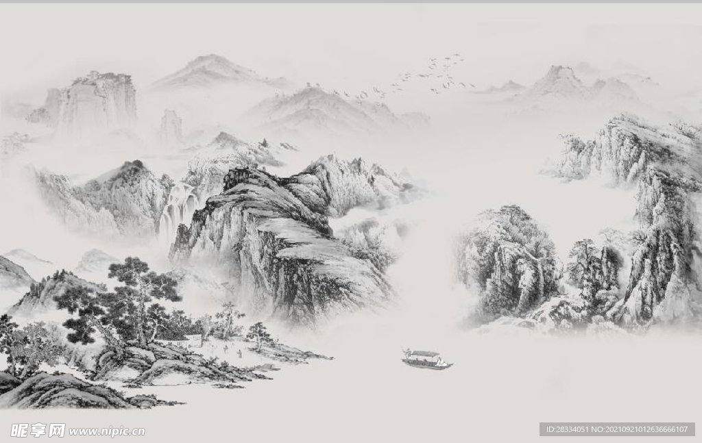 中式水墨山水国画电视背景墙