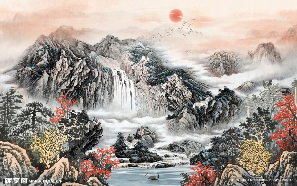 中式青绿山水国画电视背景墙