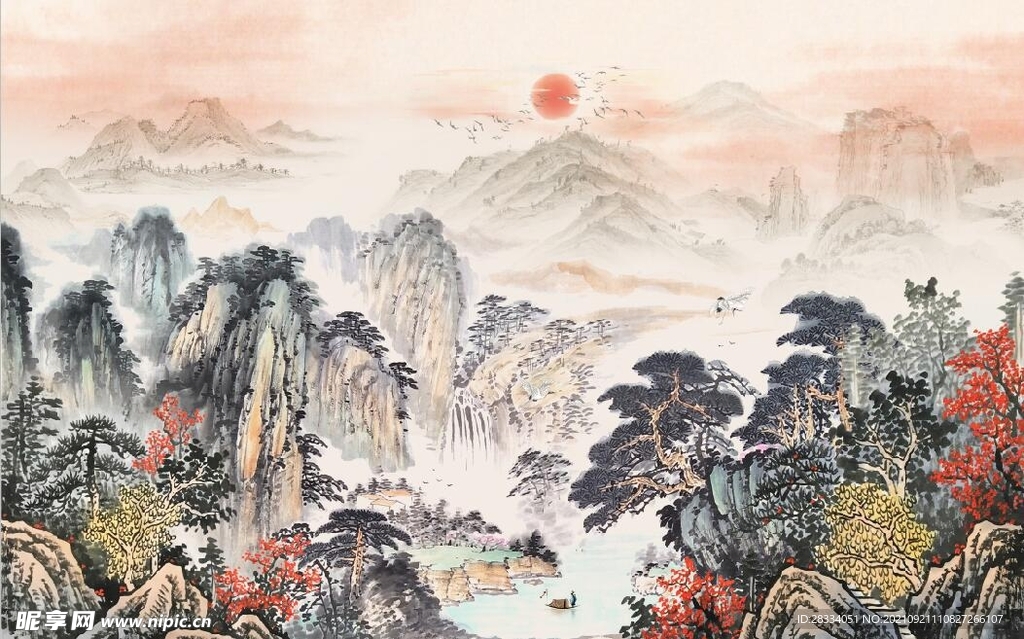 中式青绿山水国画电视背景墙