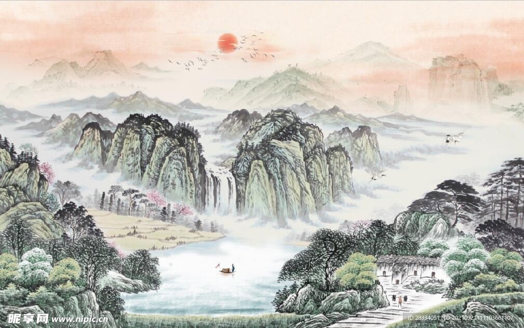 中式青绿山水国画电视背景墙