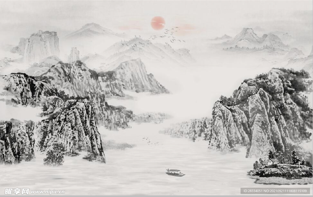 中式水墨山水瀑布国画电视背景墙