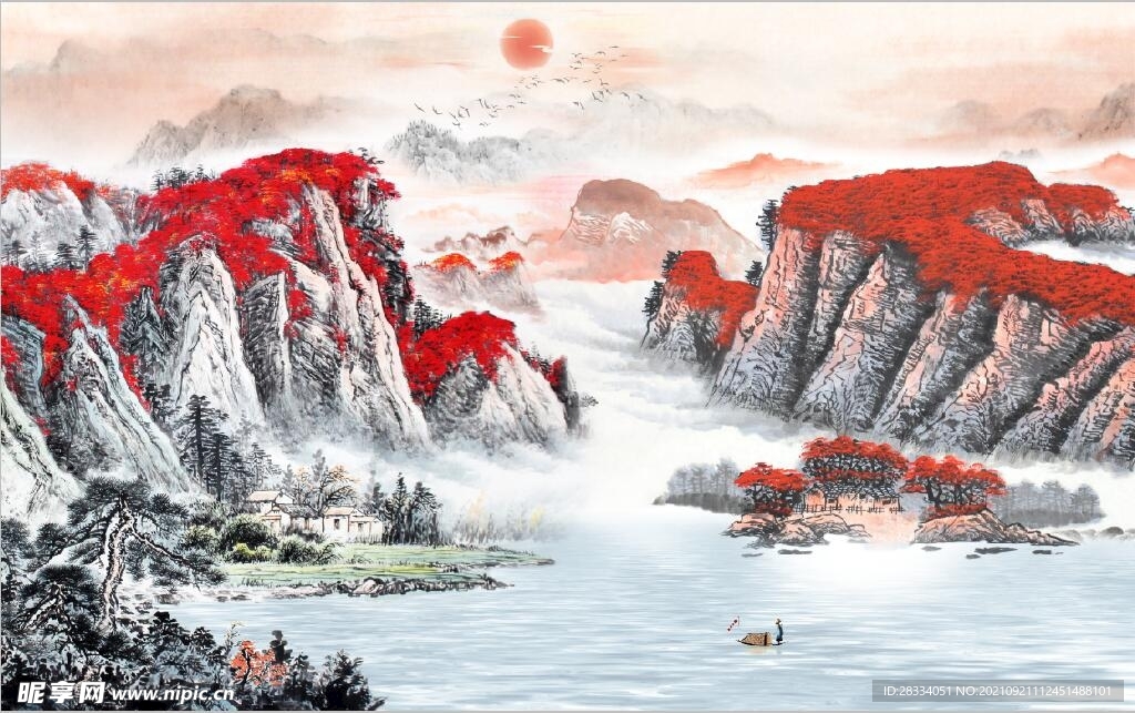 鸿运当头山水国画电视背景墙