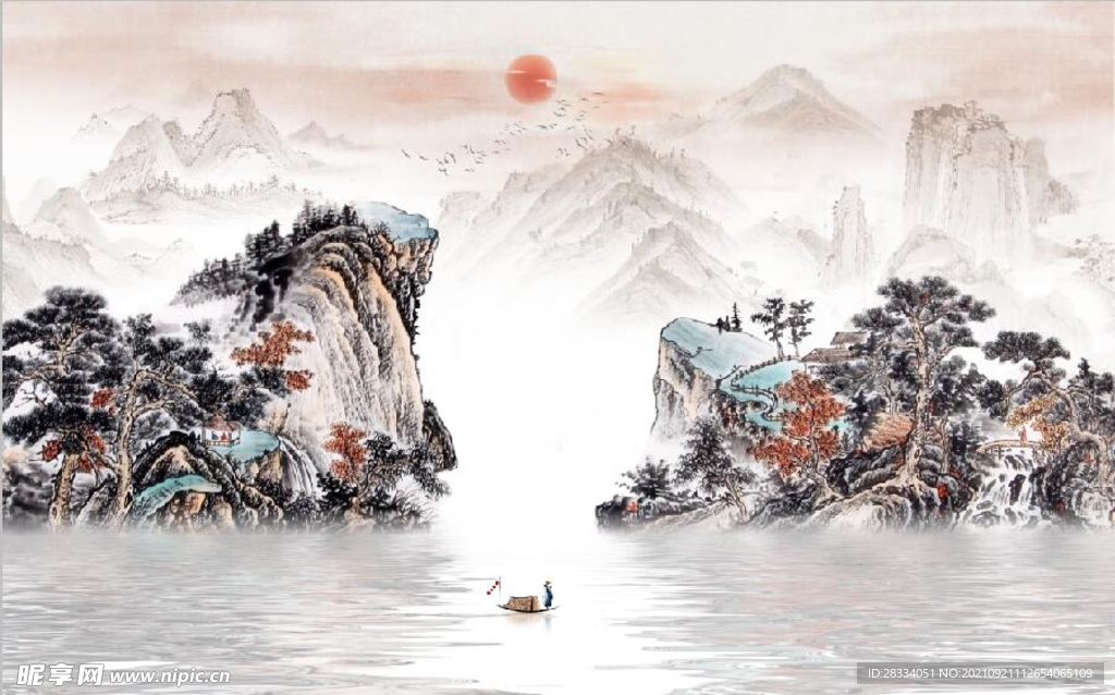 中式青绿山水国画电视背景墙