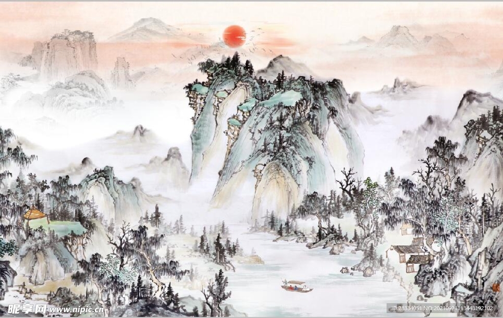 中式青绿山水国画电视背景墙