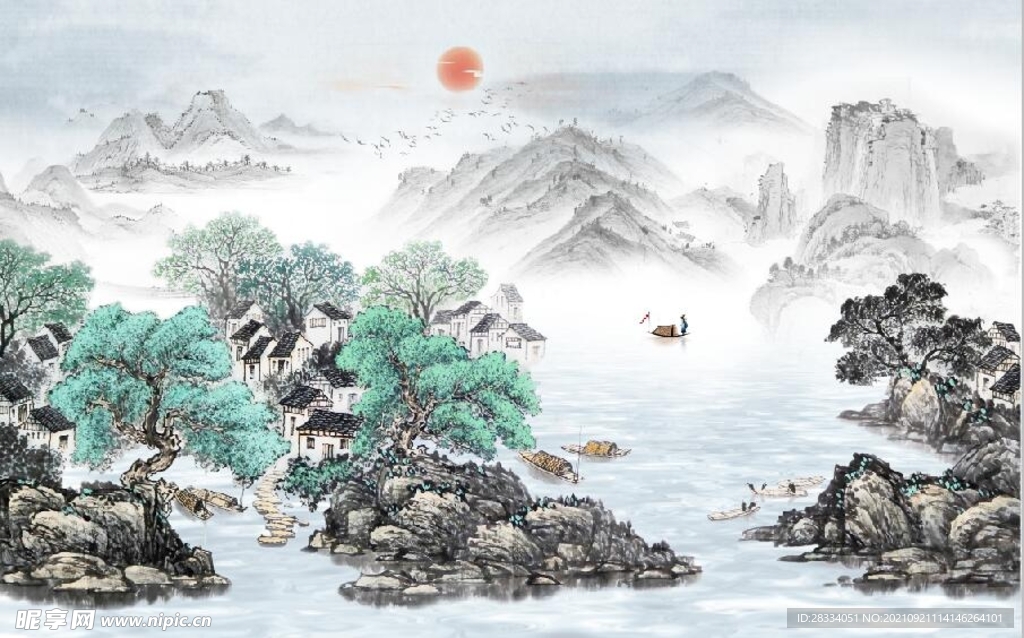 中式青绿山水国画电视背景墙