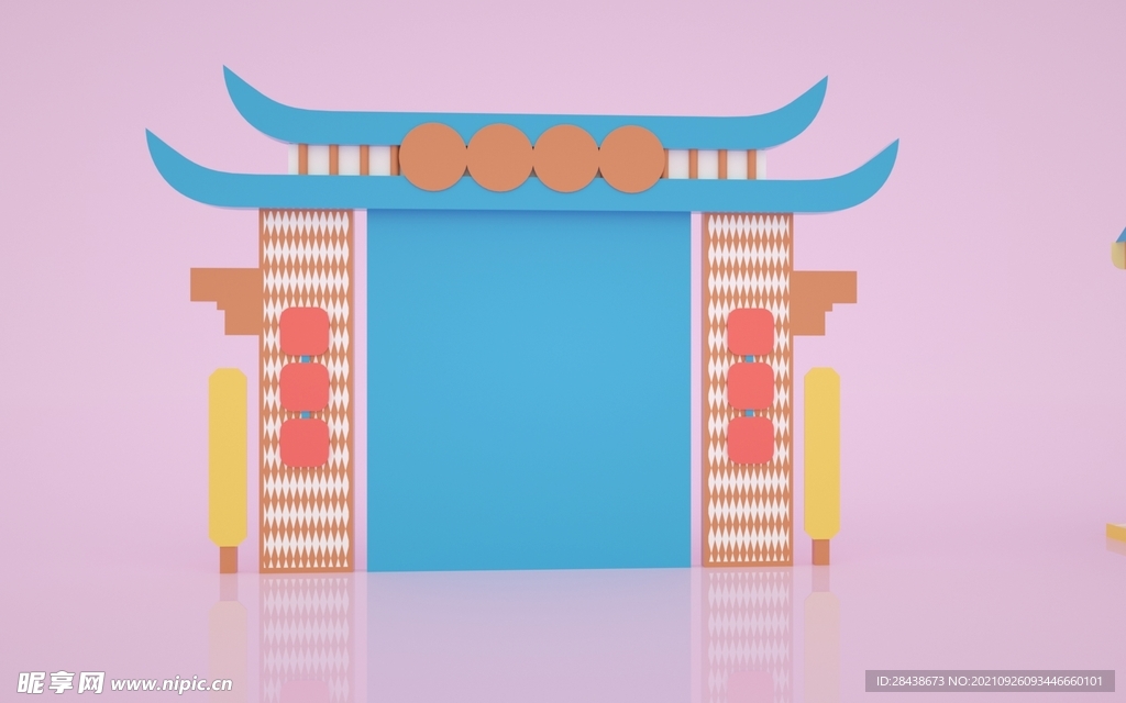 c4d粉色古风鼓楼门楼