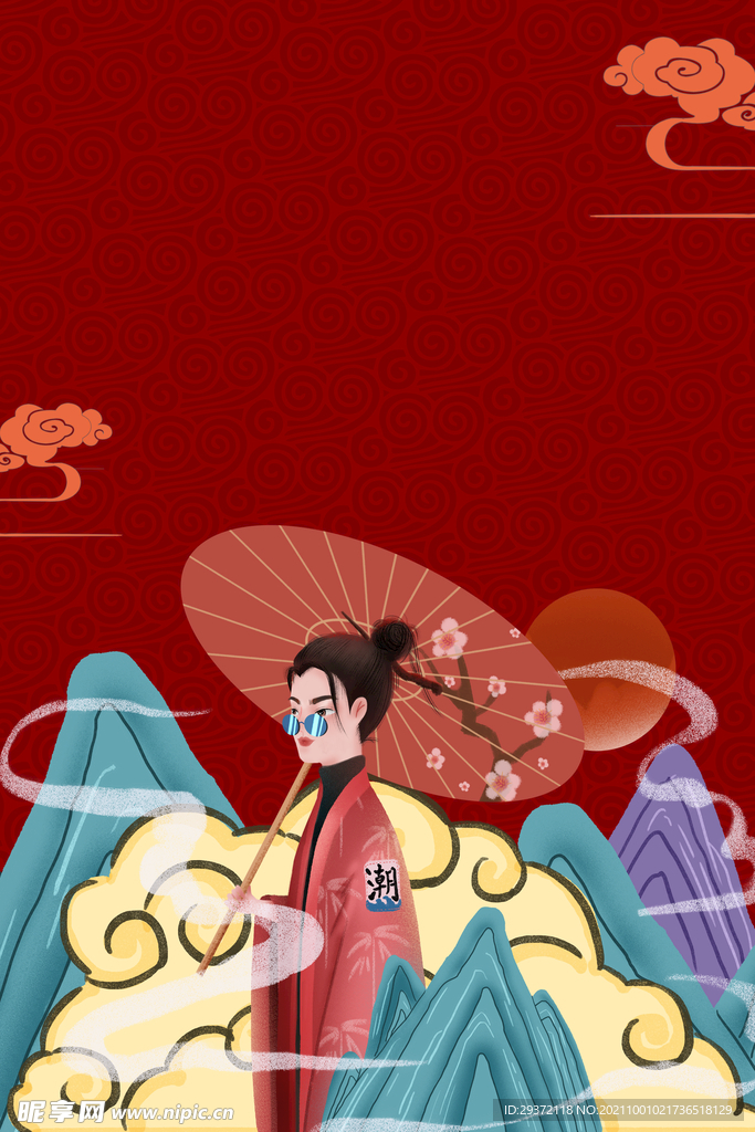 手绘国潮风背景中式海报