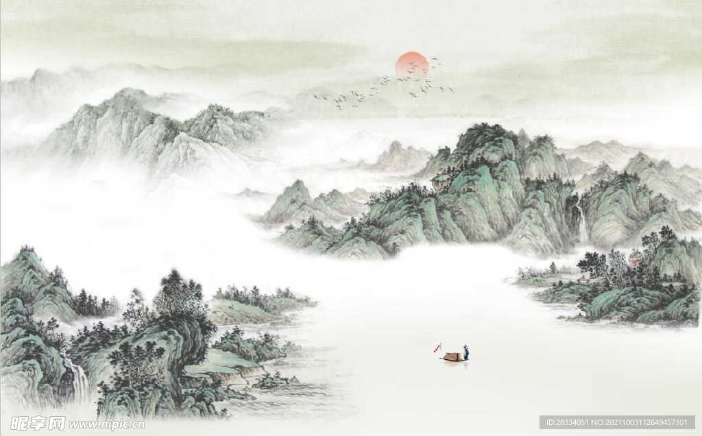 中式青绿山水国画电视背景墙图
