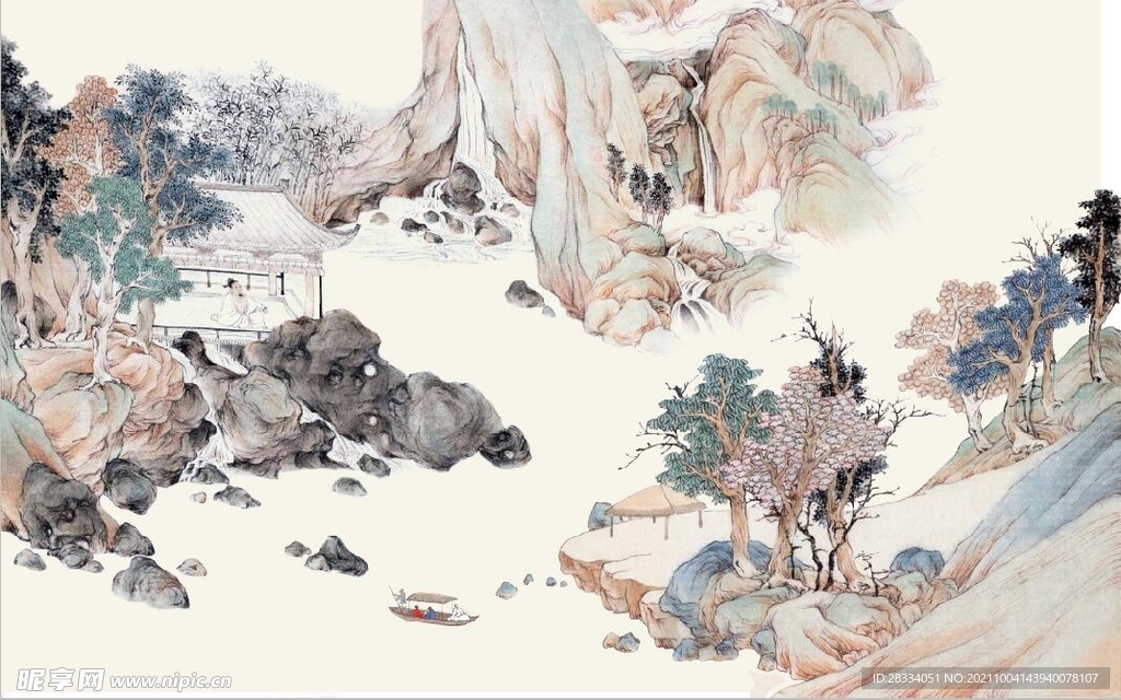 中式青绿瀑布山水国画电视背景墙