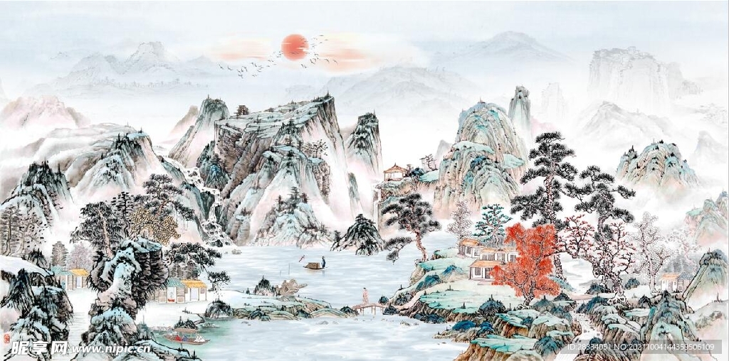 中式青绿瀑布山水国画电视背景墙