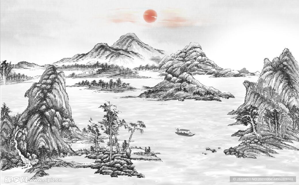 中式水墨山水国画电视背景墙