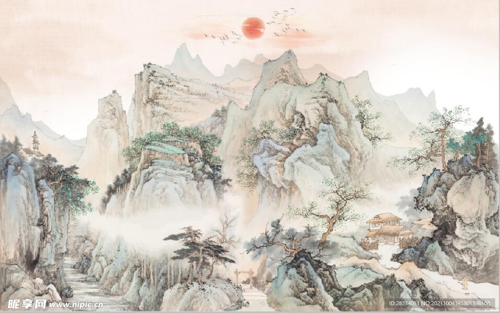 中式青绿瀑布山水国画电视背景墙