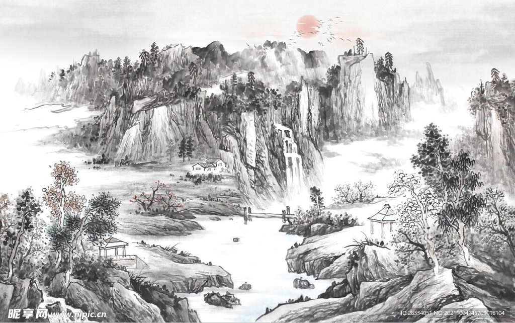 中式水墨山水国画电视背景墙