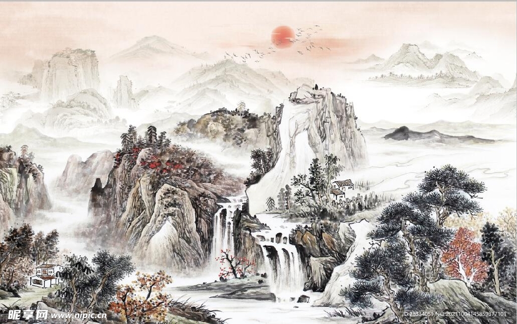 仿古青绿山水国画电视背景墙