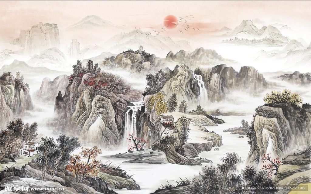中式青绿瀑布山水国画电视背景墙