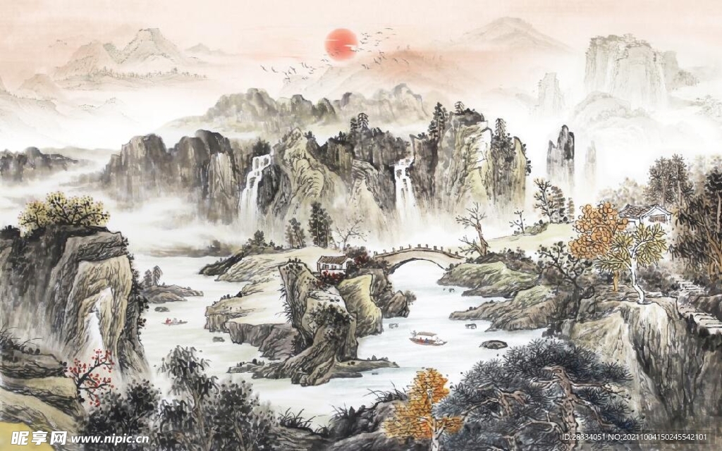 中式青绿瀑布山水国画电视背景墙