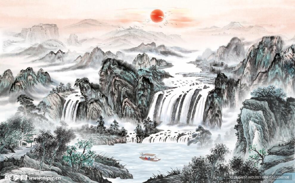 中式青绿瀑布山水国画电视背景墙
