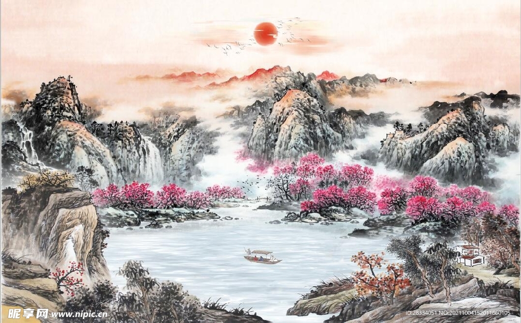 中式青绿瀑布山水国画电视背景墙