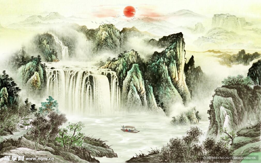 中式青绿瀑布山水国画电视背景墙