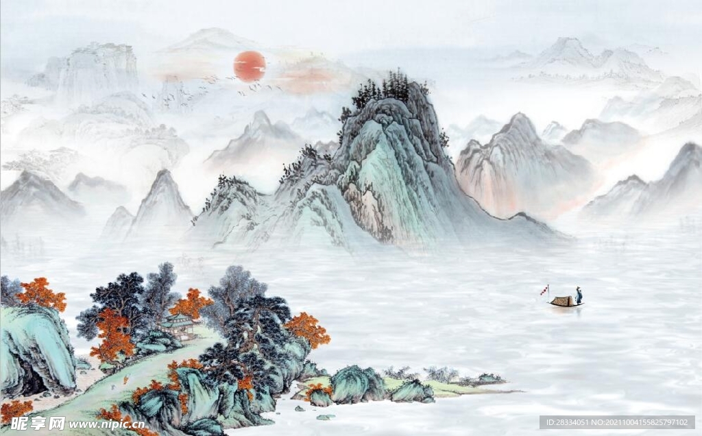 中式青绿瀑布山水国画电视背景墙