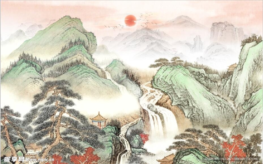 中式青绿瀑布山水国画电视背景墙
