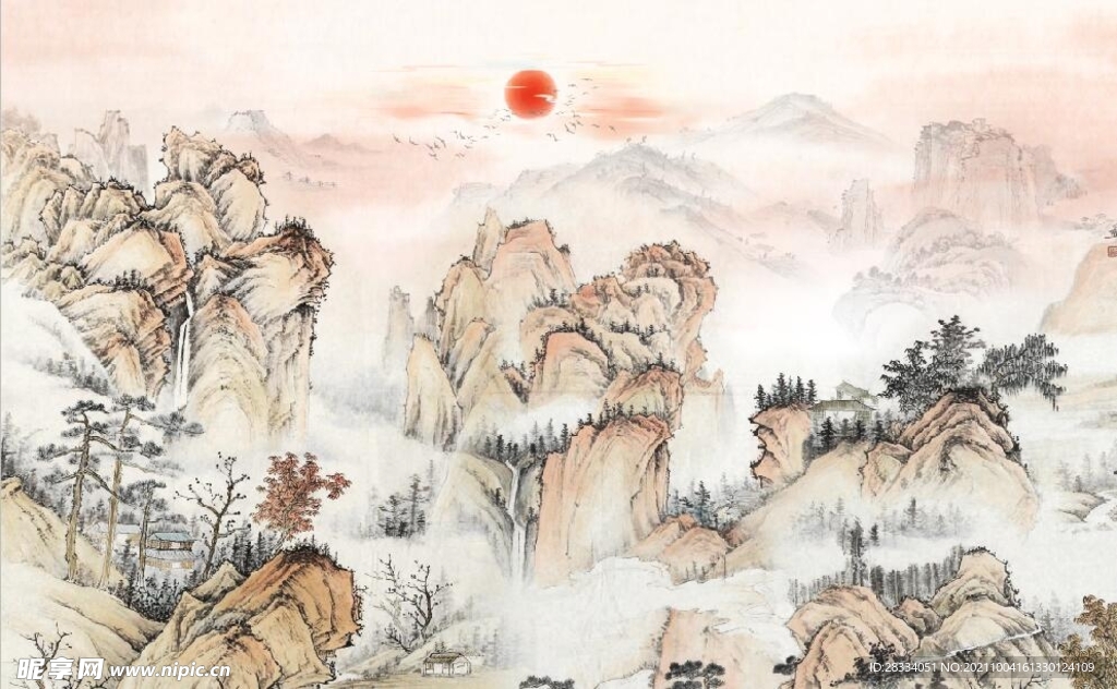中式青绿瀑布山水国画电视背景墙