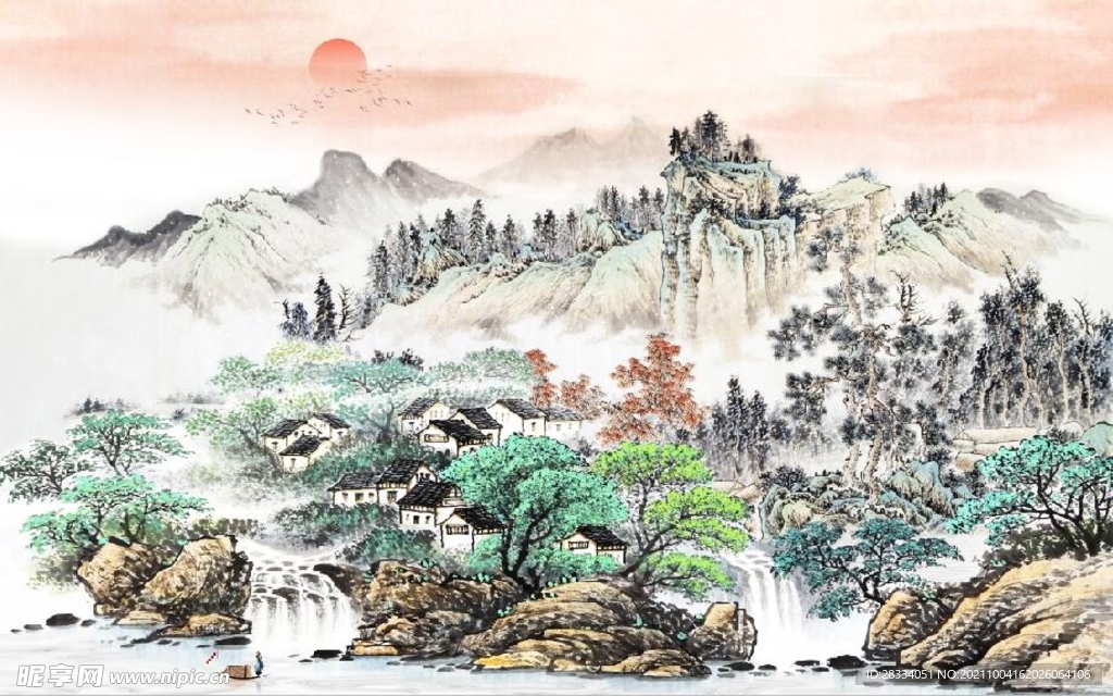 中式青绿瀑布山水国画电视背景墙
