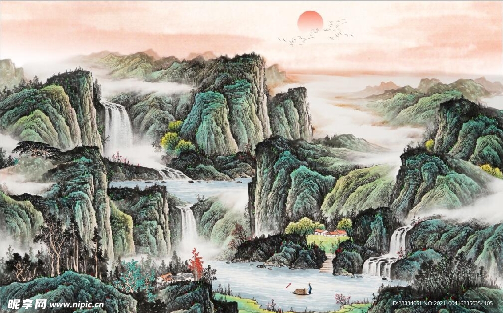 中式青绿瀑布山水国画电视背景墙
