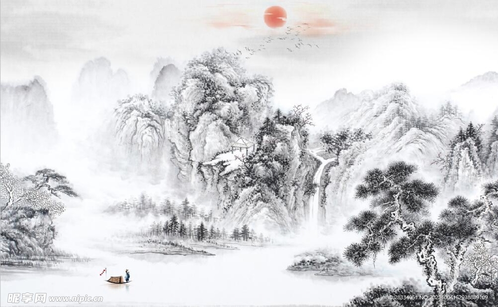 中式水墨山水国画电视背景墙