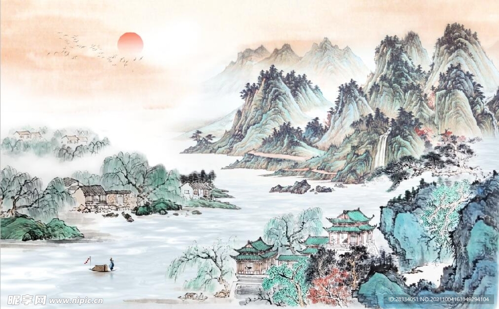 中式青绿瀑布山水国画电视背景墙