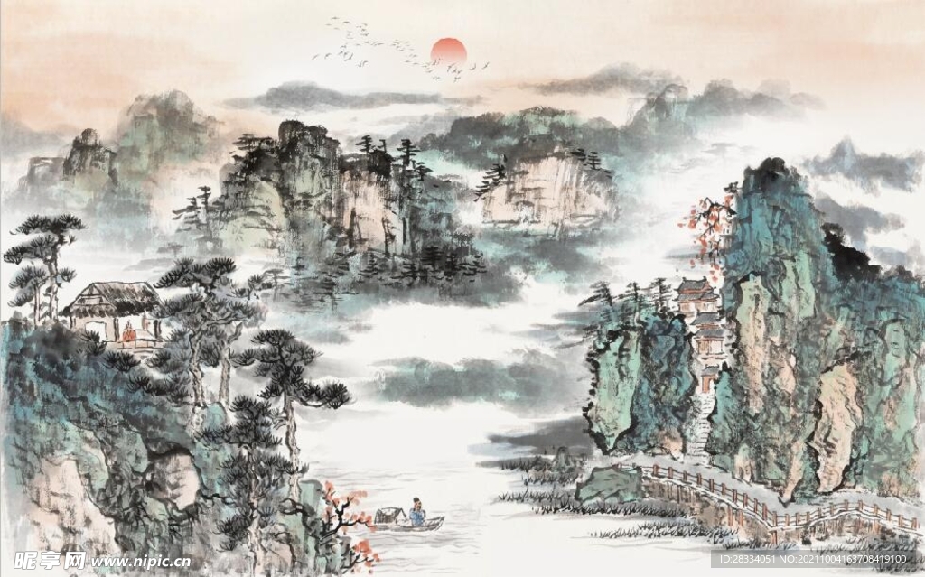 中式青绿瀑布山水国画电视背景墙