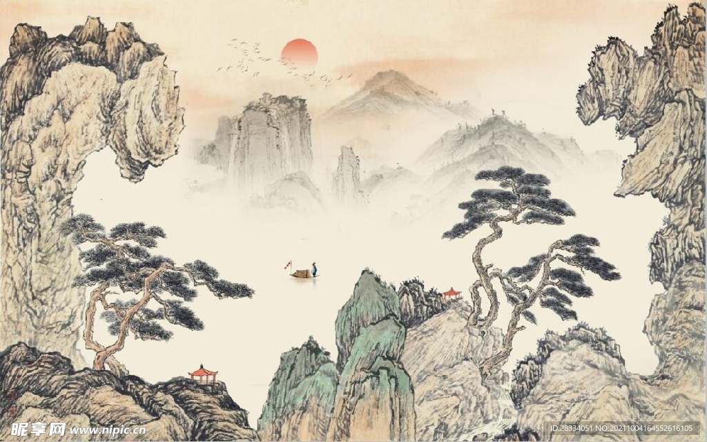 中式青绿瀑布山水国画电视背景墙