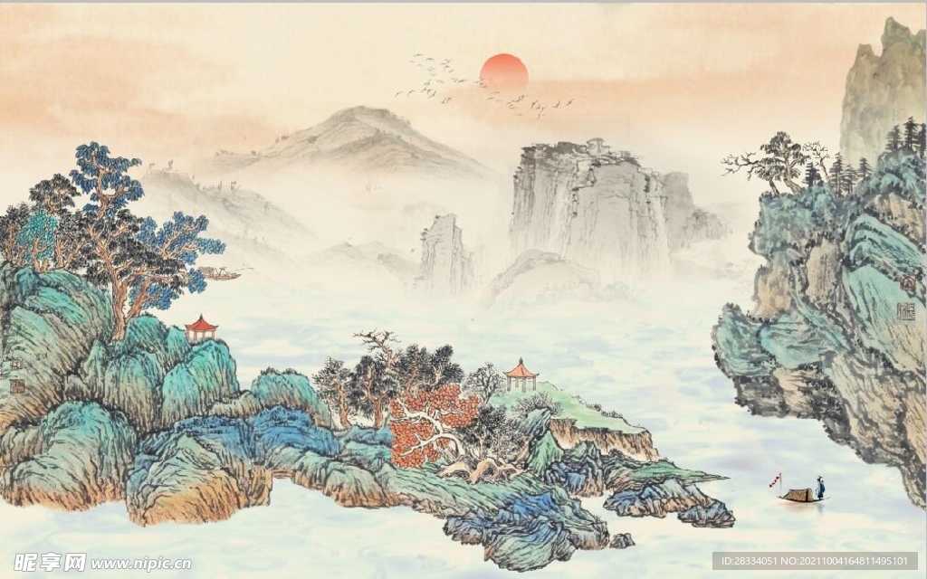 中式青绿瀑布山水国画电视背景墙