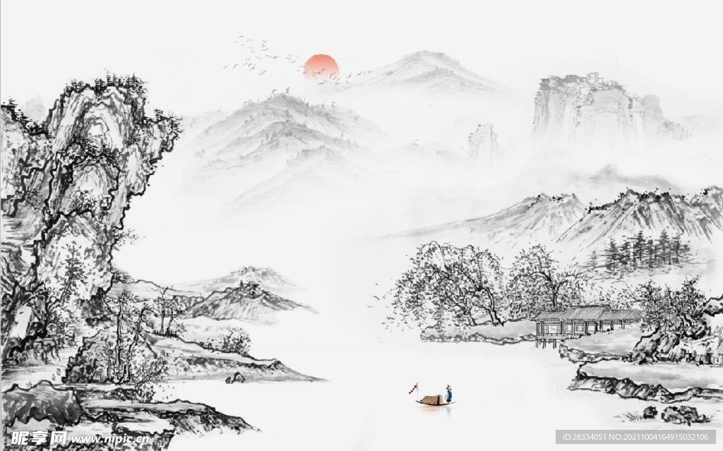 中式水墨山水国画电视背景墙