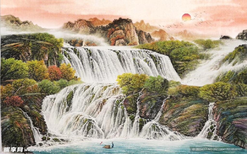 中式青绿瀑布山水国画电视背景墙