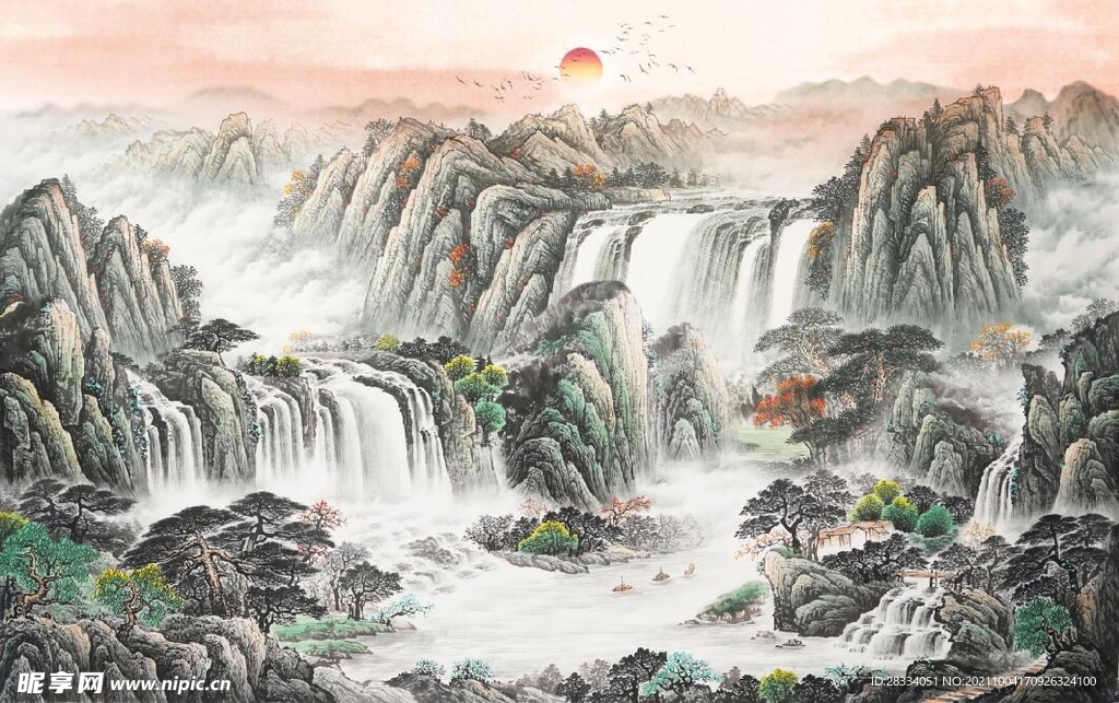中式青绿瀑布山水国画电视背景墙