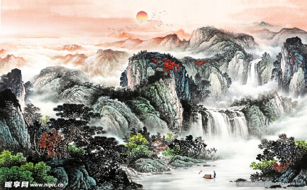 中式青绿瀑布山水国画电视背景墙
