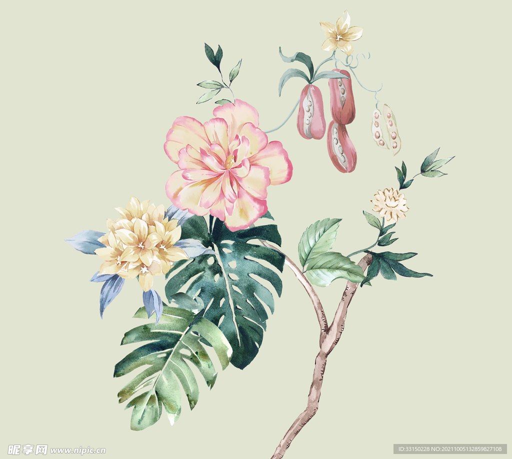 数码印花水彩花抽象花卉水彩花