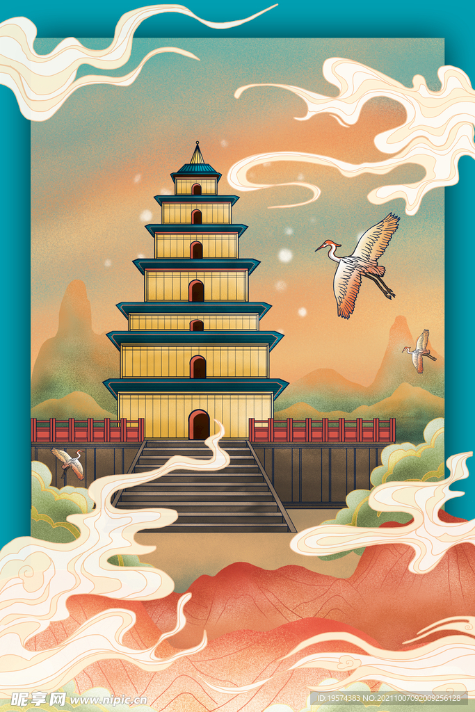 中国风中式古典国潮手绘风景古建