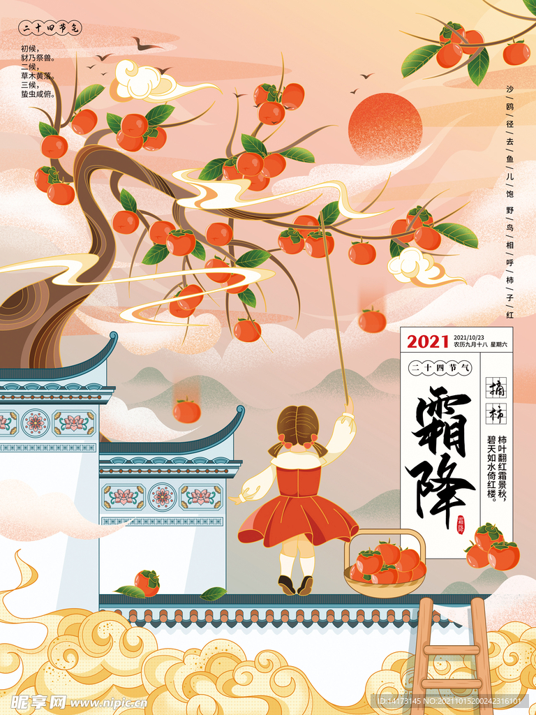 霜降节气摘柿子国潮手绘插画海报