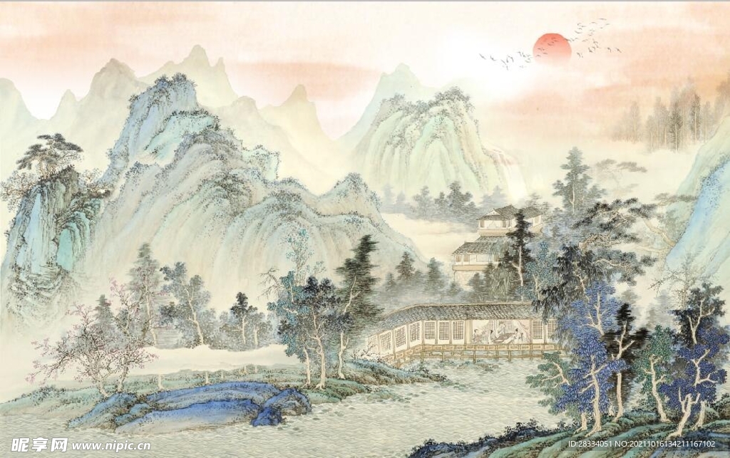 中式青绿瀑布山水国画电视背景墙