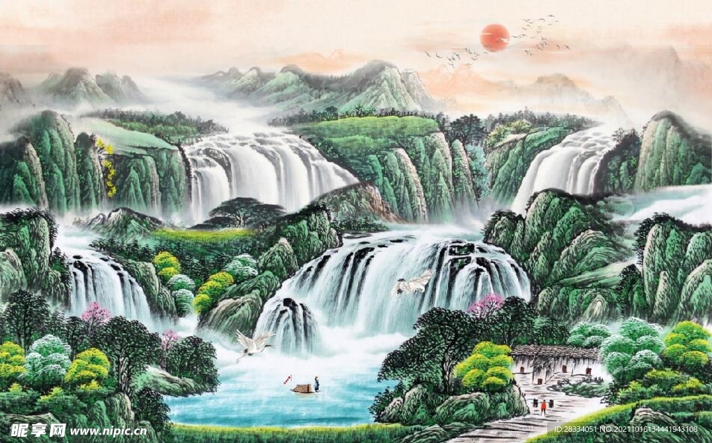 中式青绿瀑布山水国画电视背景墙