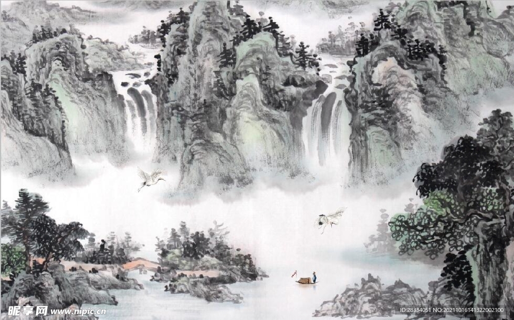 中式青绿瀑布山水国画电视背景墙