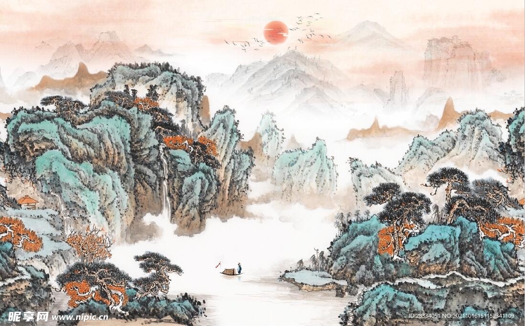 中式青绿瀑布山水国画电视背景墙