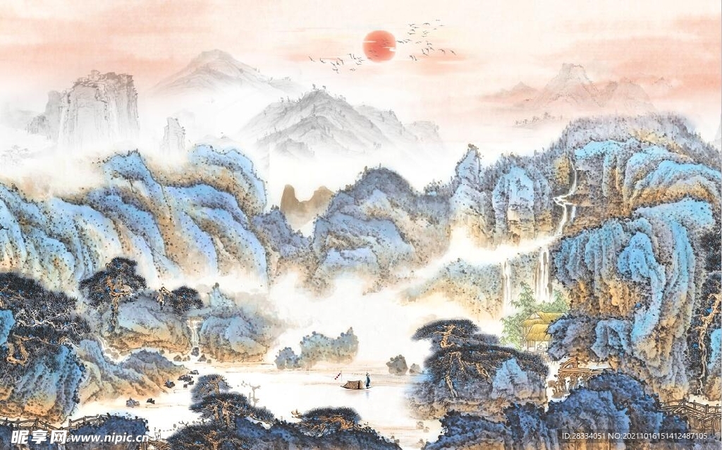 中式青绿瀑布山水国画电视背景墙