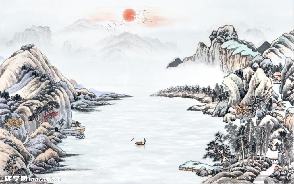 中式青绿瀑布山水国画电视背景墙