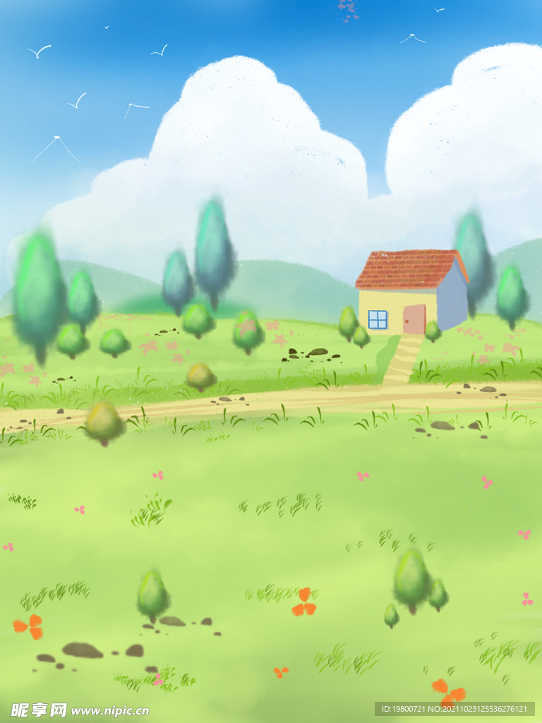 水彩手绘乡间小路插画