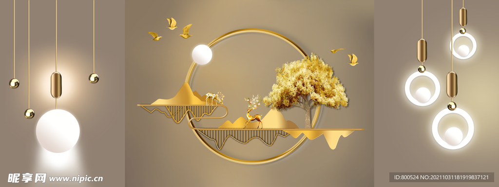 光影几何麋鹿发财树装饰画